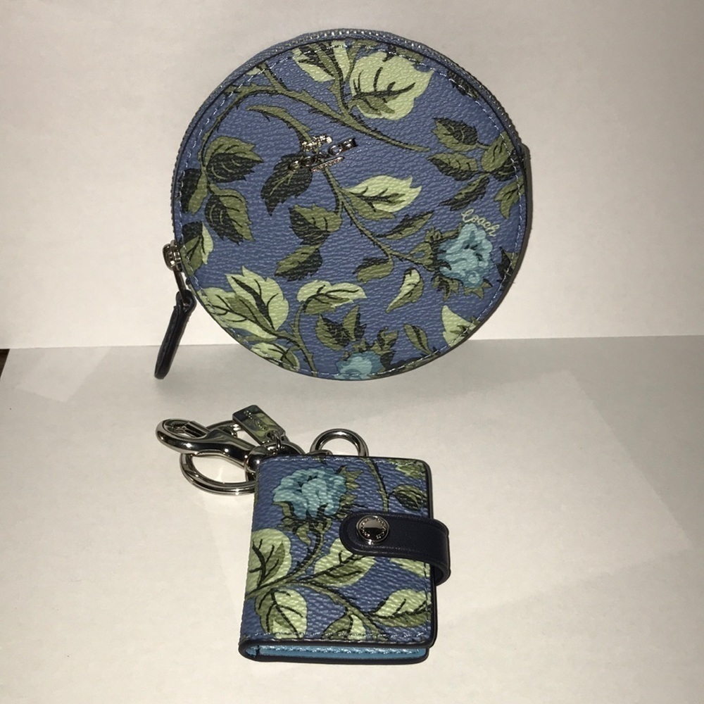 Coach Blue Floral Round Coin Case & Key Card Holder Set